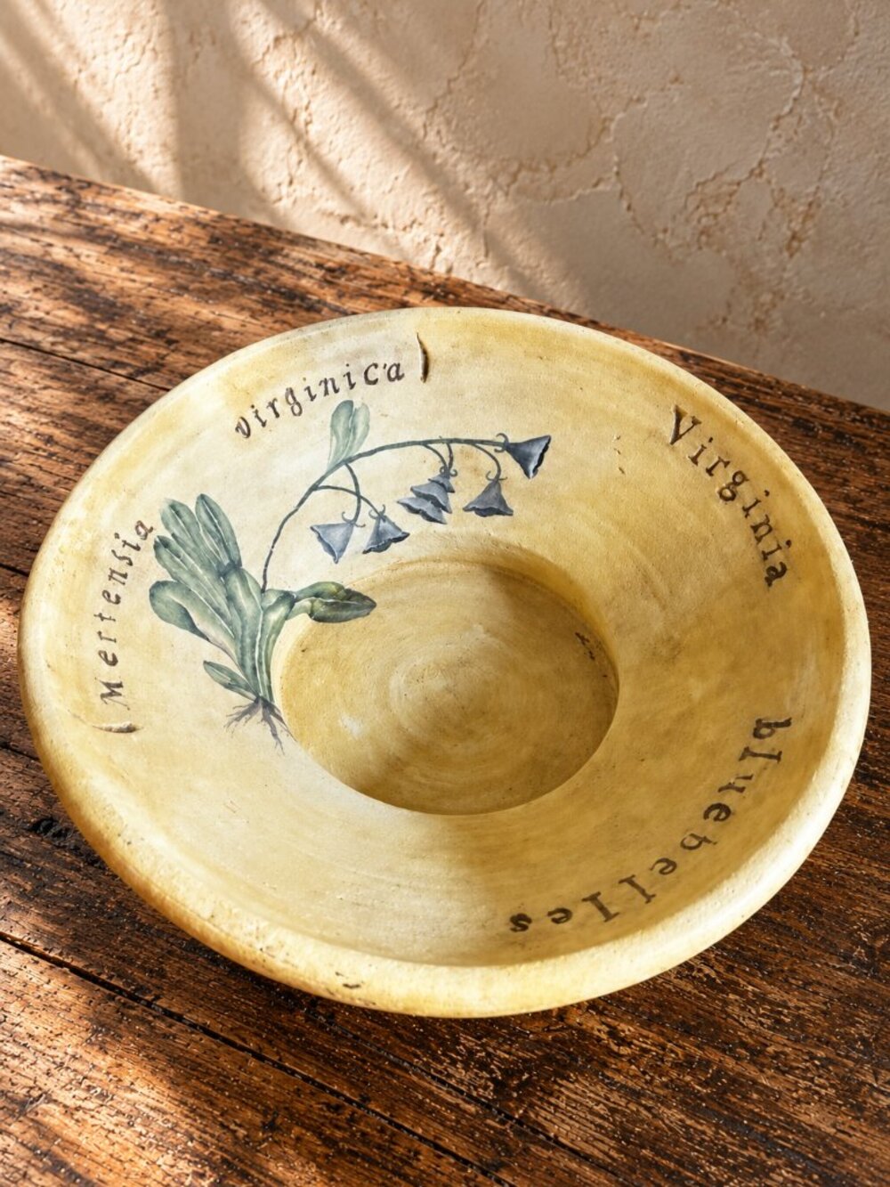 Large Vintage Virginia Bluebells Botanical Pedestal Pottery Bowl